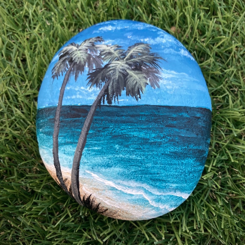 Palm Trees Hand Painted River Rock 4.5”
